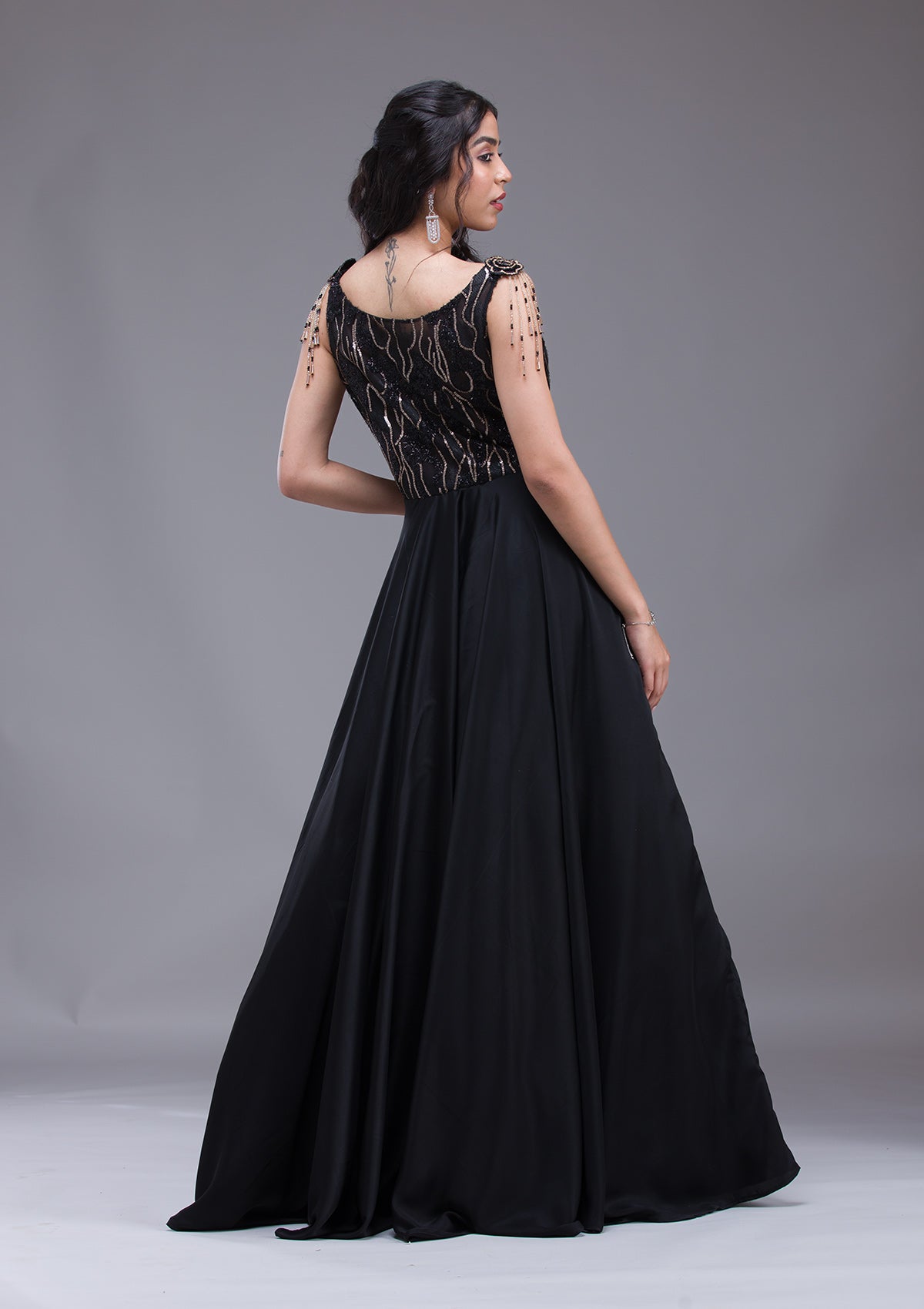 Black Sequins Satin Gown-Koskii