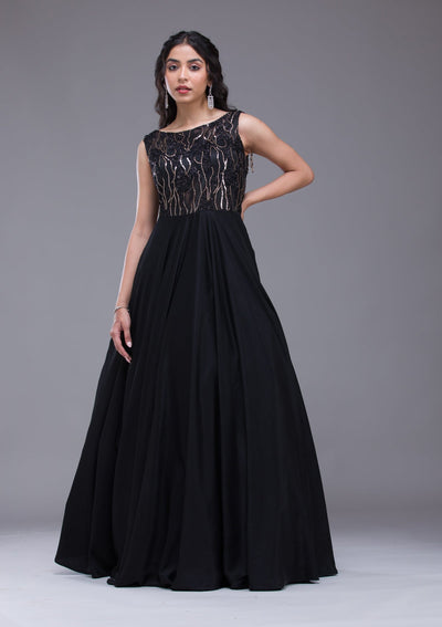 Black Sequins Satin Gown-Koskii