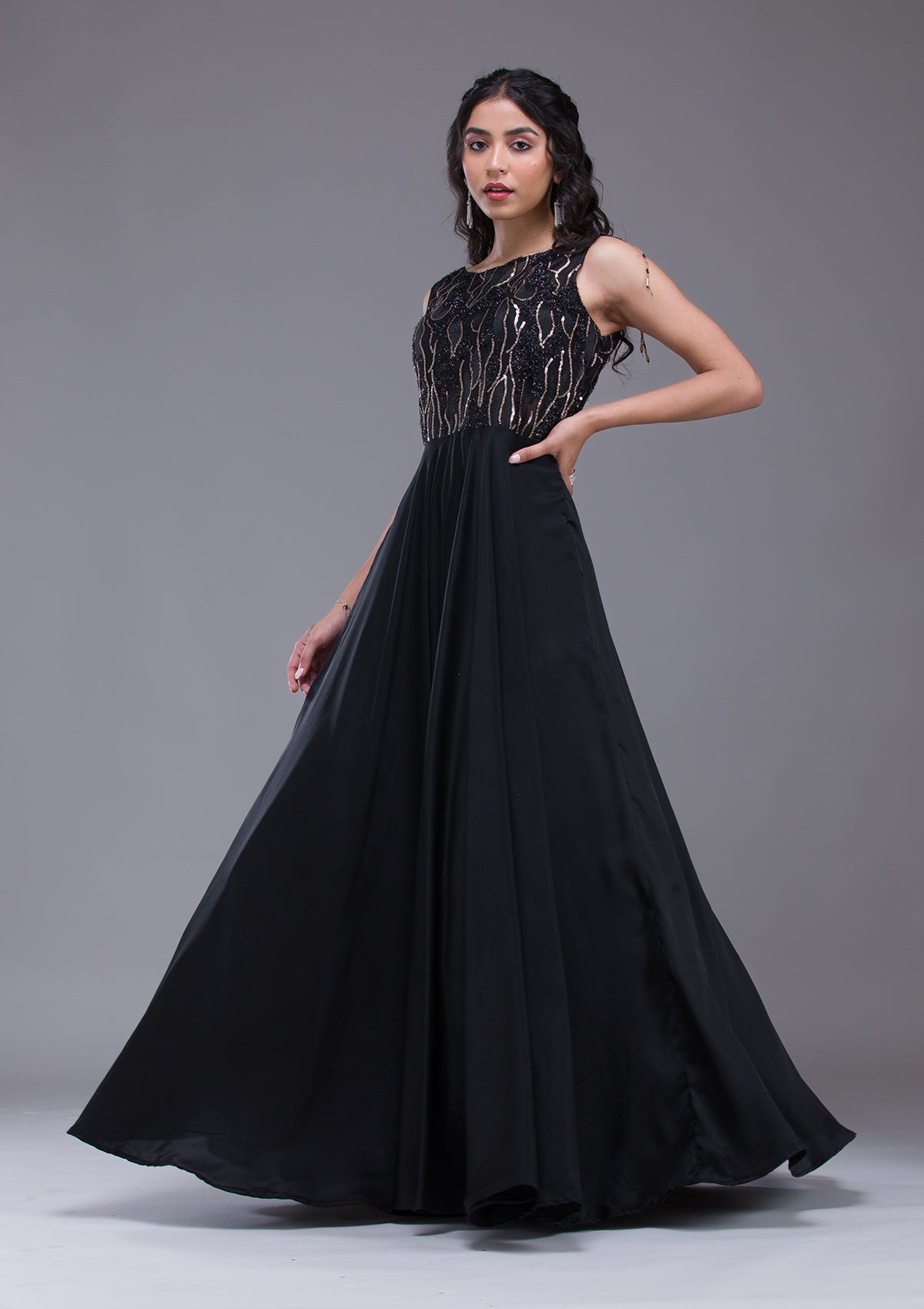 Black Sequins Satin Gown-Koskii