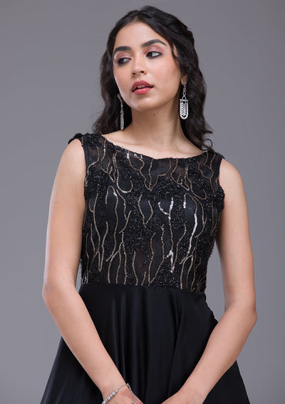 Black Sequins Satin Gown-Koskii