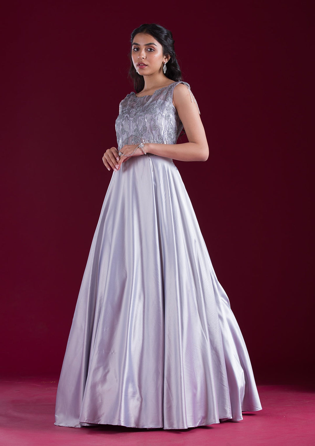 Grey Sequins Satin Gown-Koskii