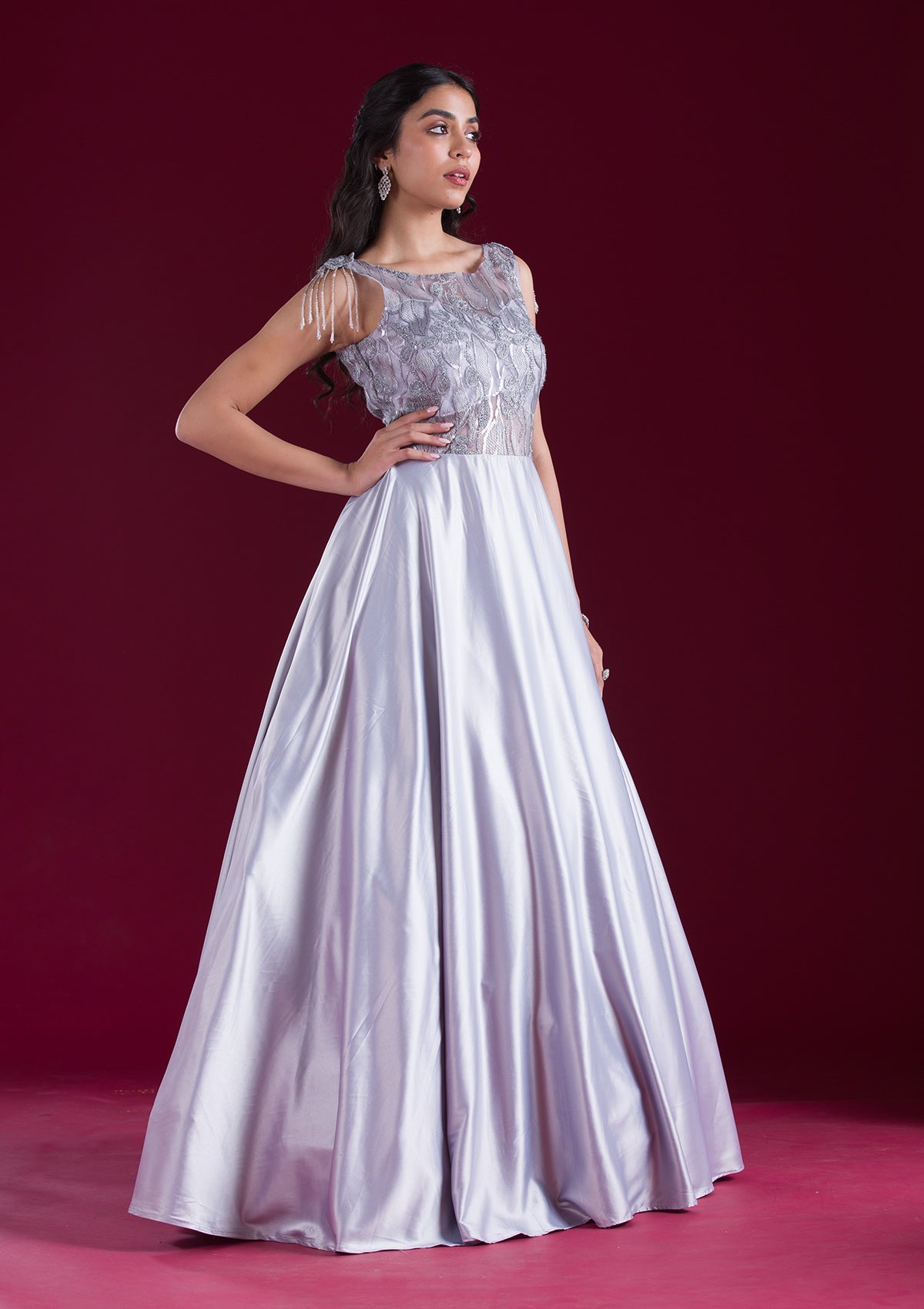 Grey Sequins Satin Gown-Koskii