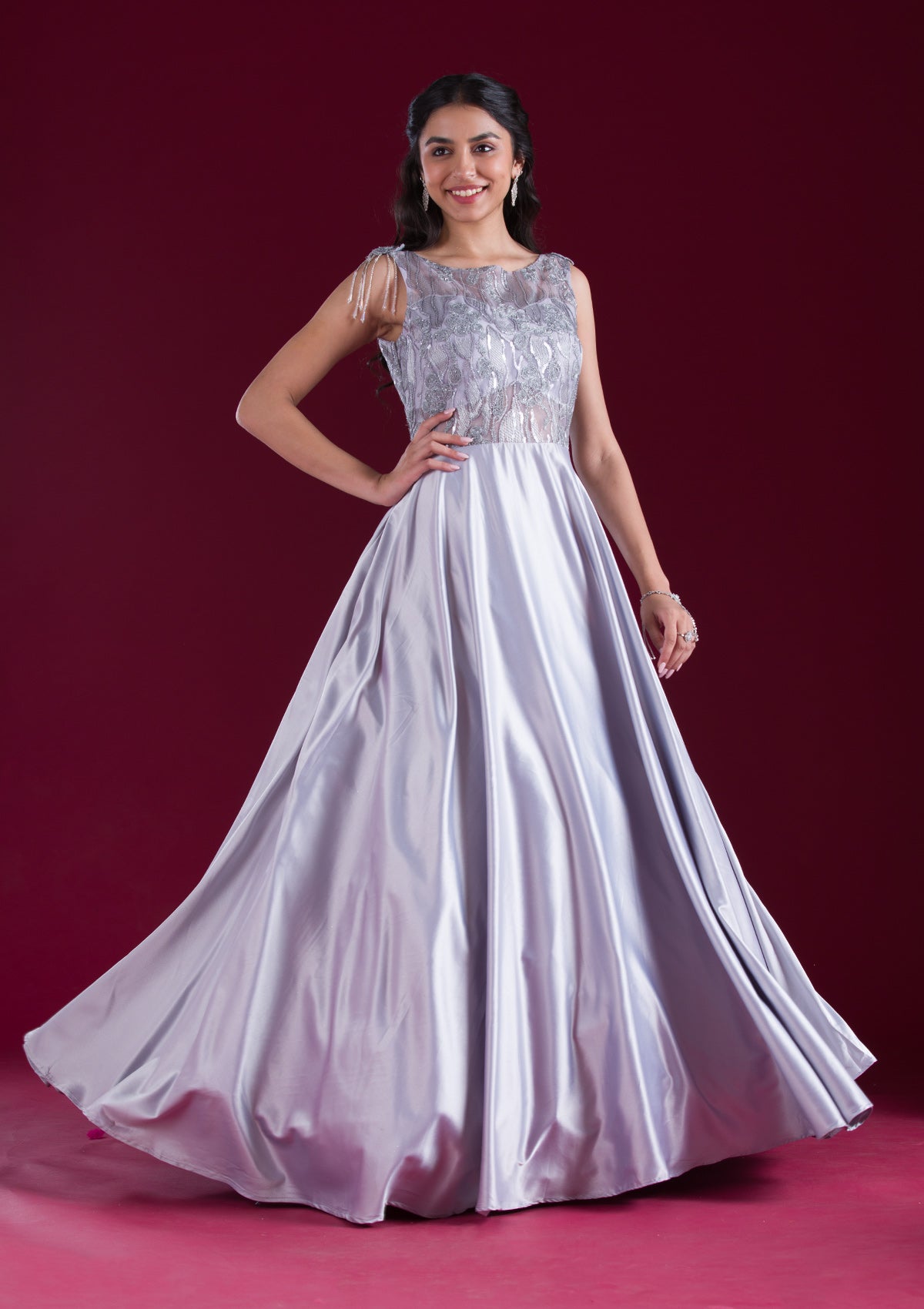 Grey Sequins Satin Gown-Koskii