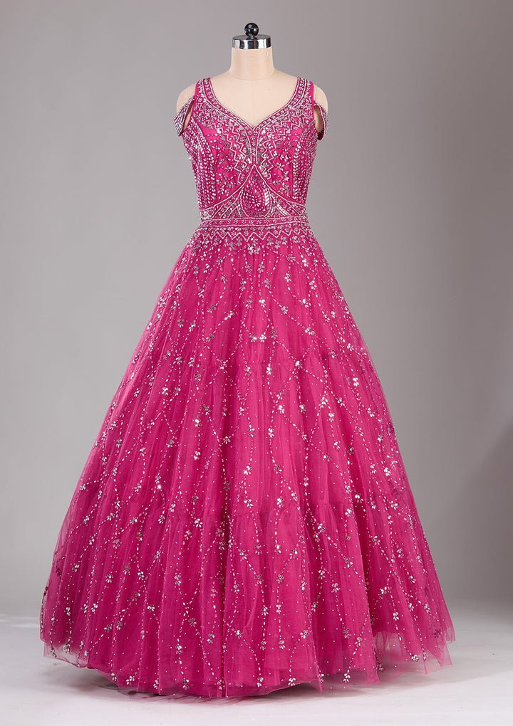 Magenta Pink Sequins Net Readymade Lehenga-Koskii