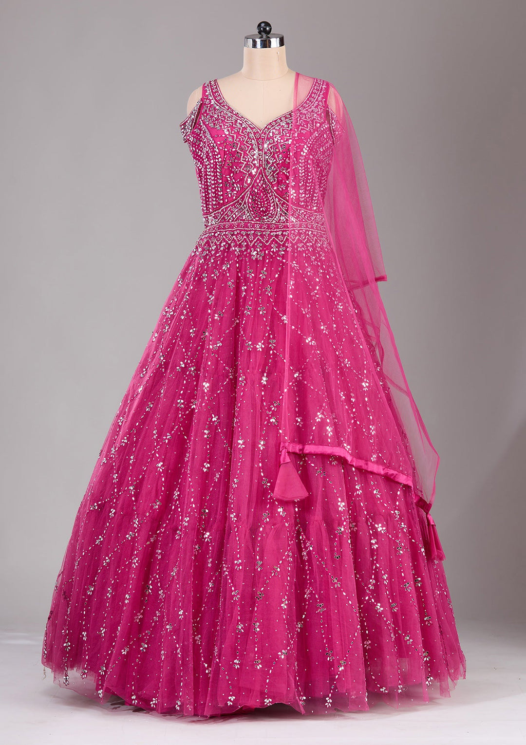 Magenta Pink Sequins Net Readymade Lehenga-Koskii