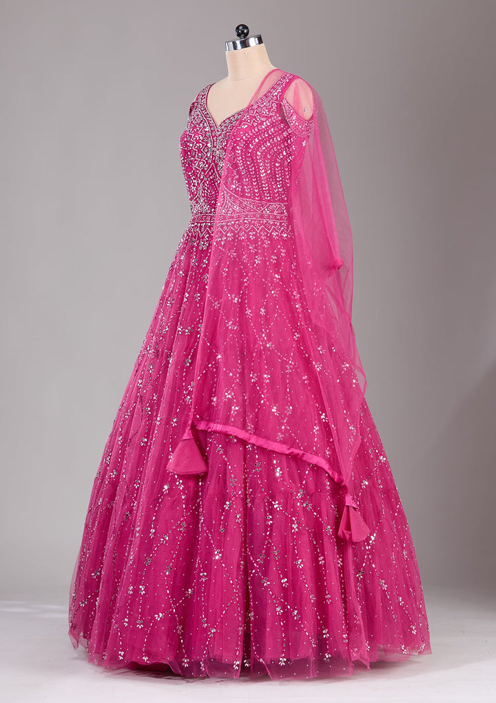 Magenta Pink Sequins Net Readymade Lehenga-Koskii
