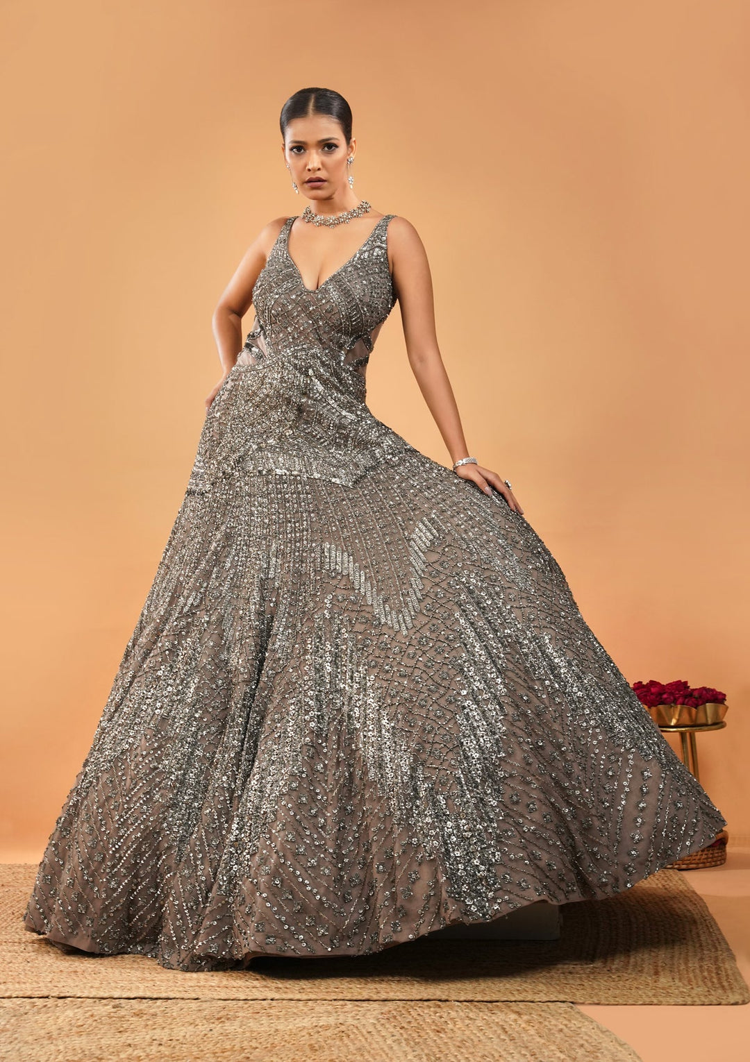 Beige Stonework Net Gown-Koskii