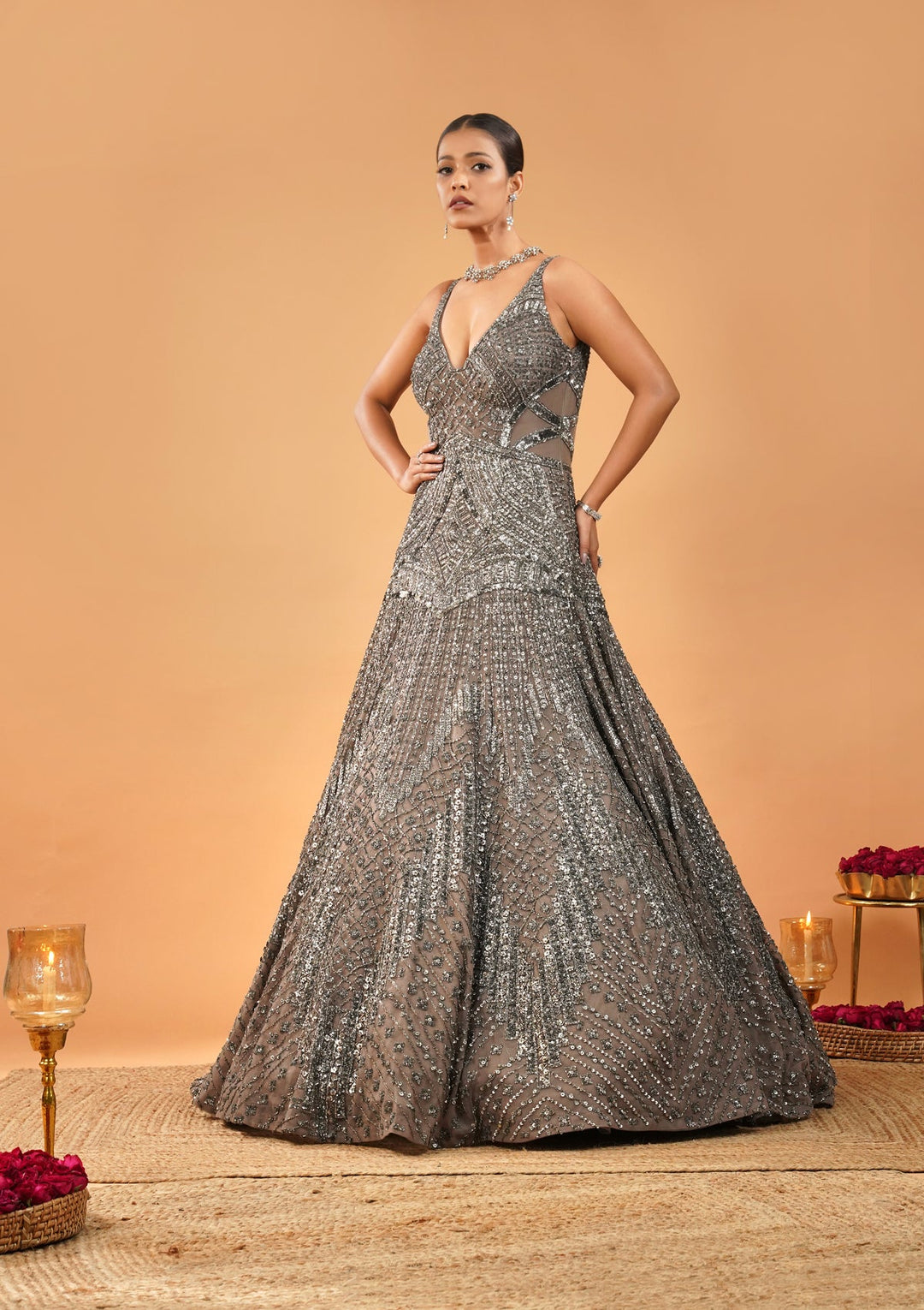 Beige Stonework Net Gown-Koskii