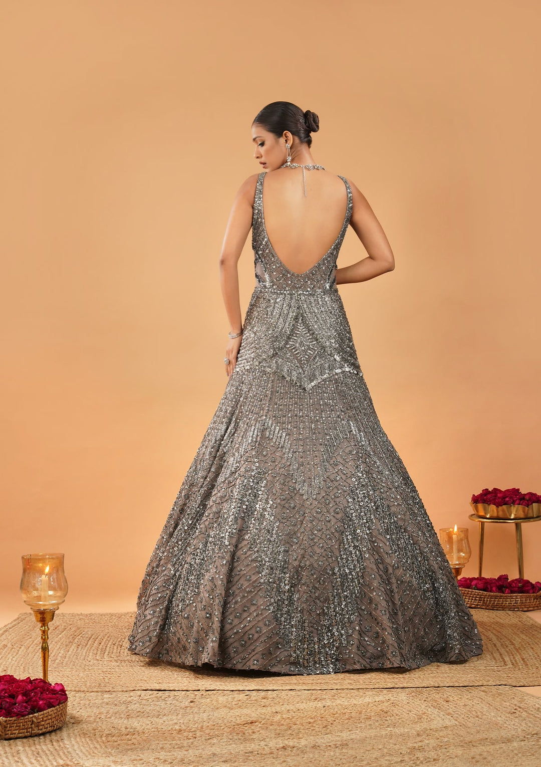 Beige Stonework Net Gown-Koskii