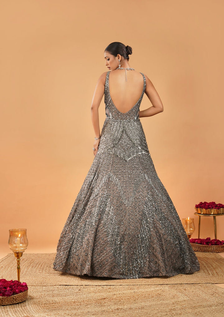 Beige Stonework Net Gown-Koskii