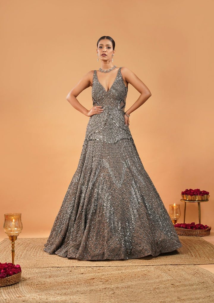 Beige Stonework Net Gown-Koskii