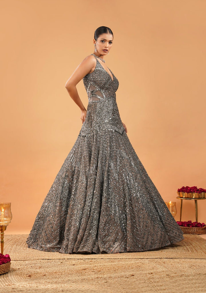 Beige Stonework Net Gown-Koskii