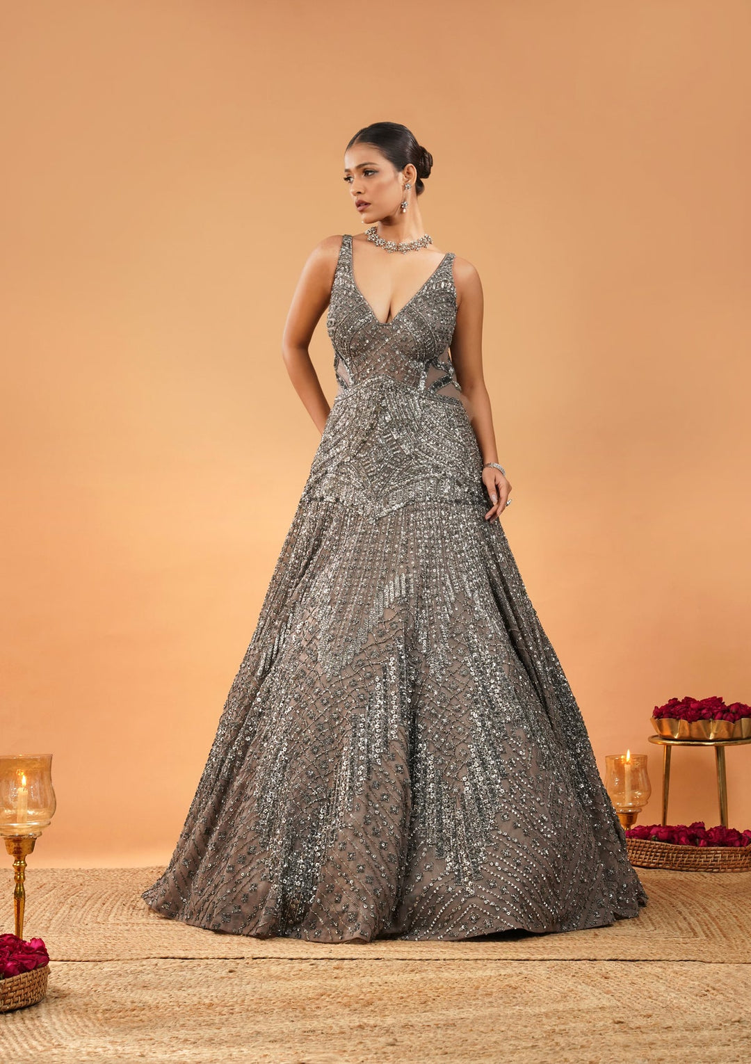 Beige Stonework Net Gown-Koskii