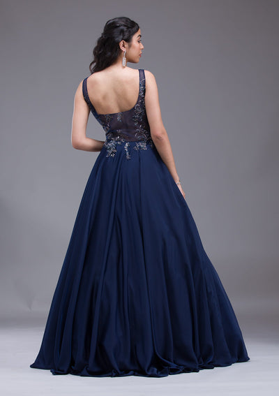 Navy Blue Sequins Satin Gown-Koskii