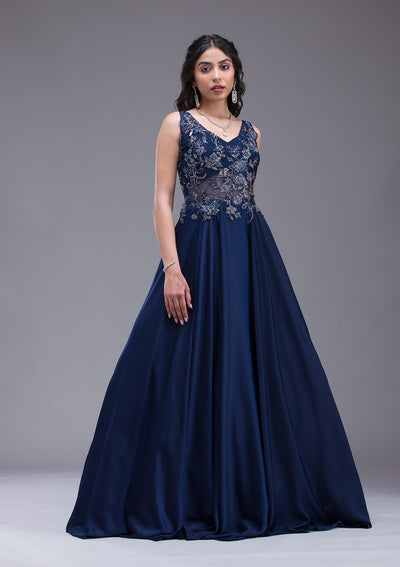 Navy Blue Sequins Satin Gown-Koskii