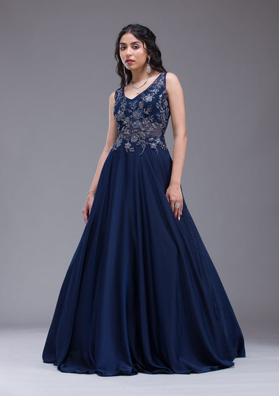 Navy Blue Sequins Satin Gown-Koskii