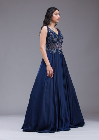 Navy Blue Sequins Satin Gown-Koskii