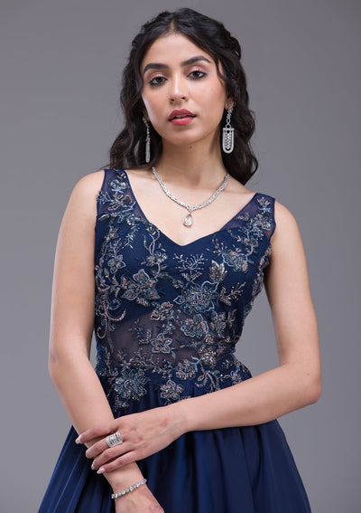 Navy Blue Sequins Satin Gown-Koskii