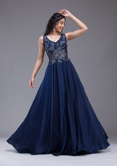 Navy Blue Sequins Satin Gown-Koskii