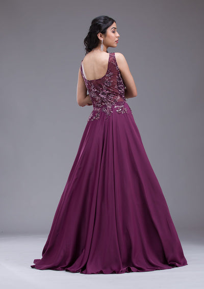 Wine Sequins Satin Gown-Koskii