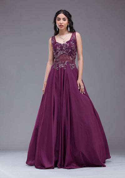 Wine Sequins Satin Gown-Koskii