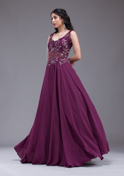 Wine Sequins Satin Gown-Koskii