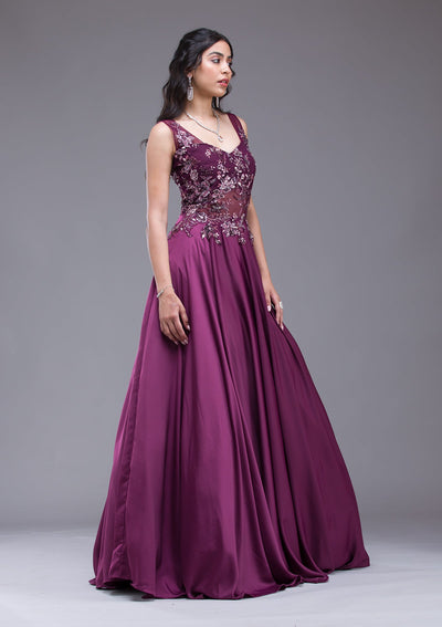 Wine Sequins Satin Gown-Koskii