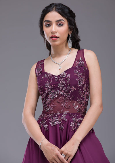 Wine Sequins Satin Gown-Koskii