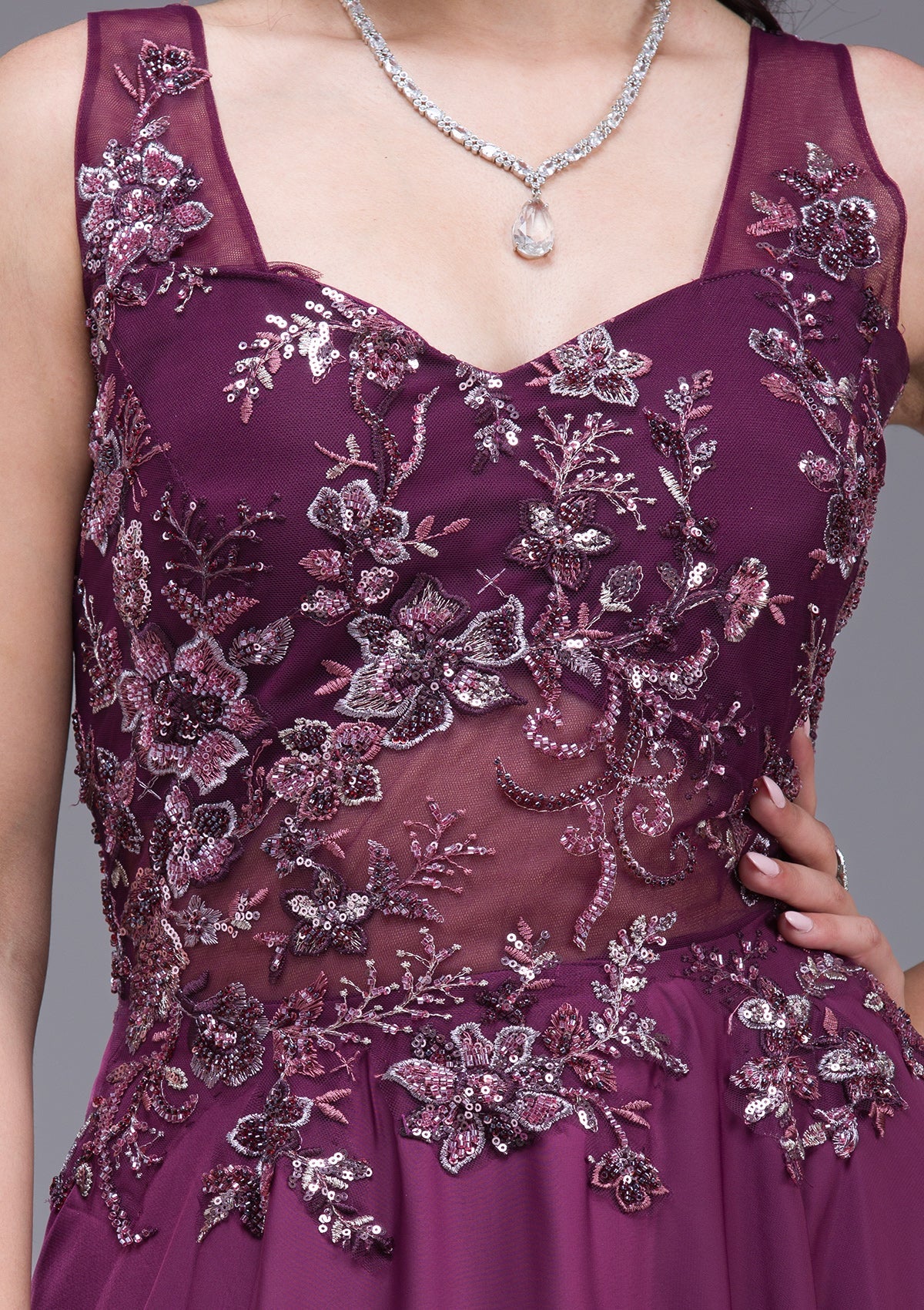 Wine Sequins Satin Gown-Koskii