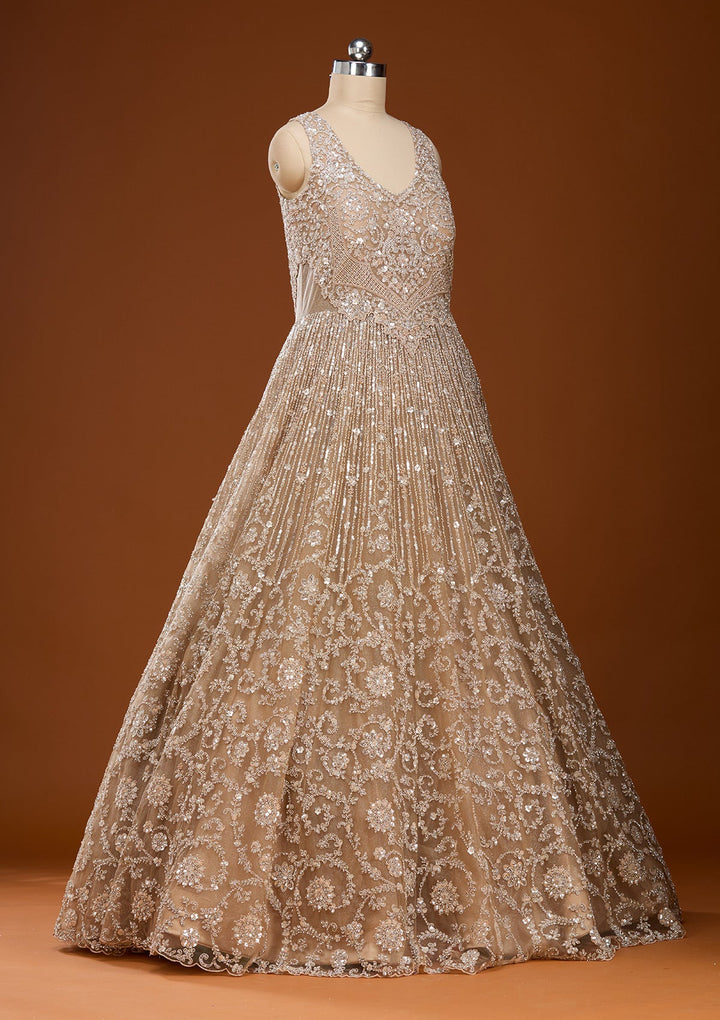 Beige Stonework Net Gown