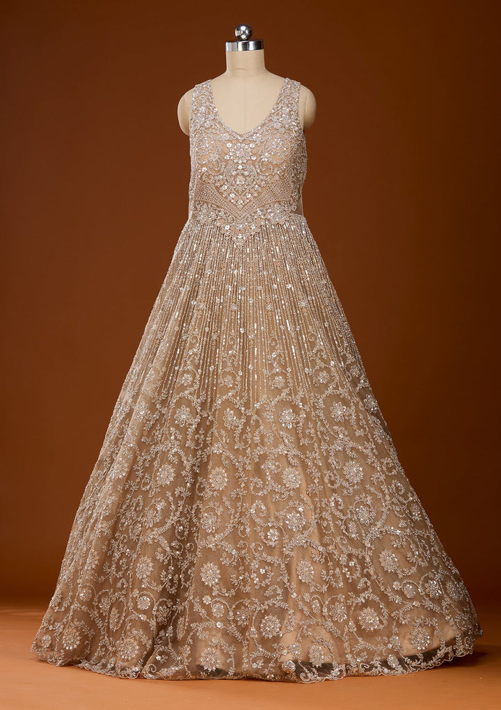 Beige Stonework Net Gown