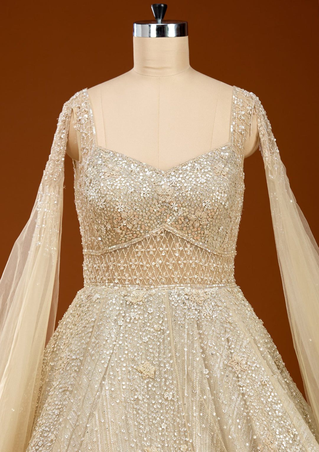 Beige Pearlwork Net Gown