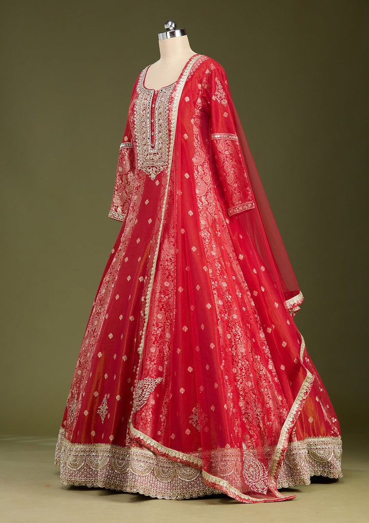 Rust Zariwork Banarasi Gown