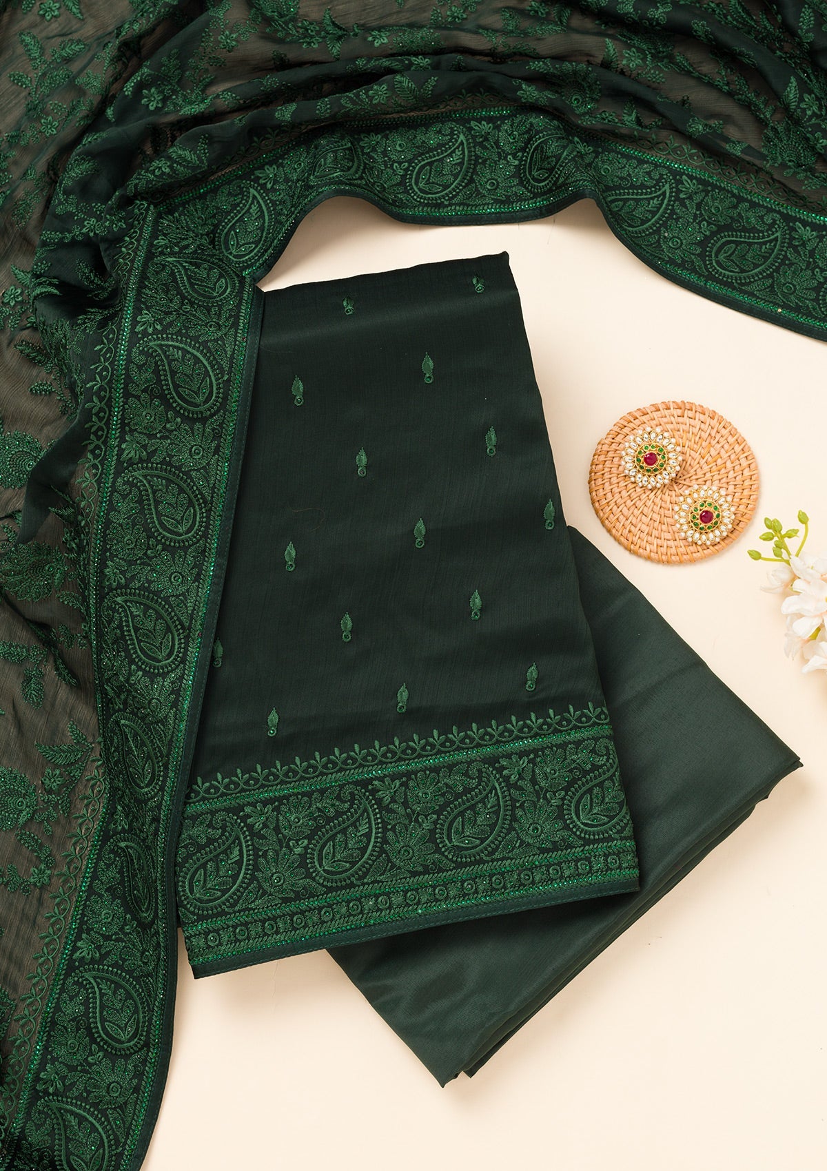 Bottle Green Swarovski Semi Crepe Unstitched Salwar Suit-Koskii