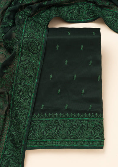 Bottle Green Swarovski Semi Crepe Unstitched Salwar Suit-Koskii