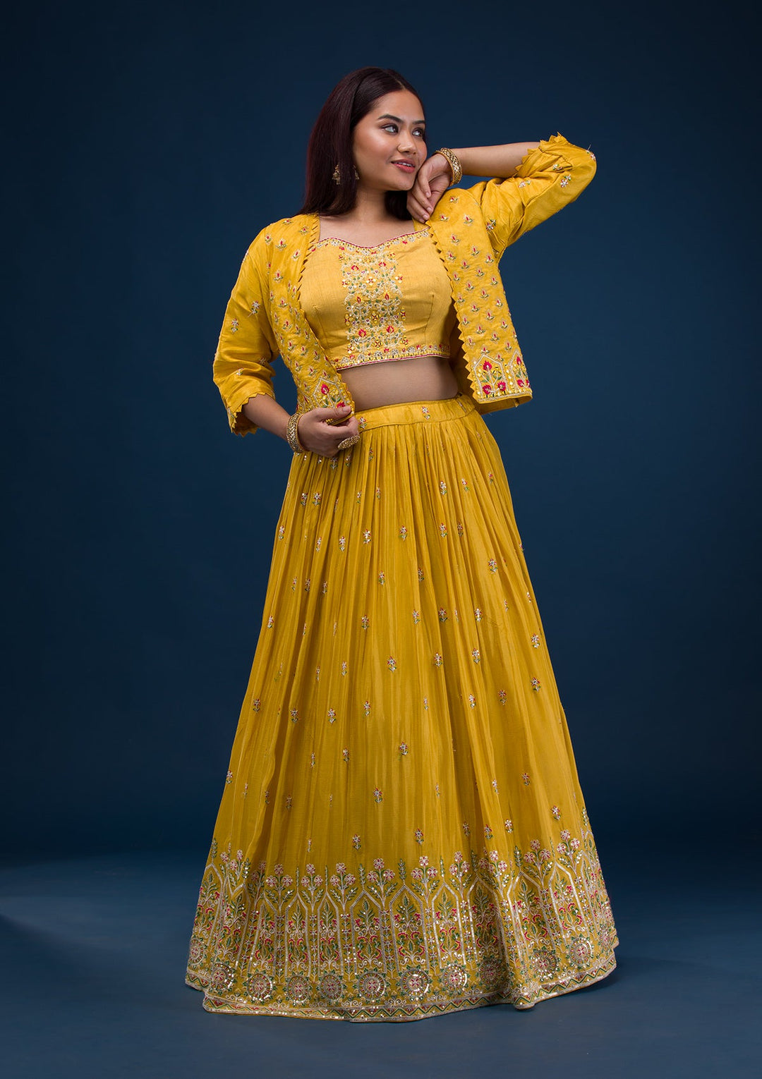 Mustard Threadwork Crepe Readymade Lehenga-Koskii