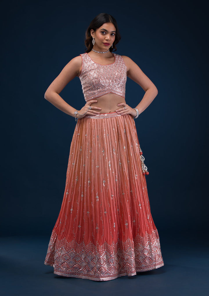 Rust Zariwork Semi Crepe Readymade Lehenga-Koskii