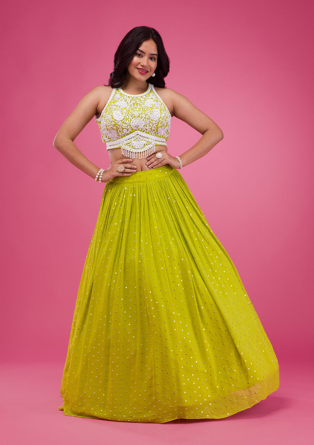 Parrot Green Pearlwork Georgette Readymade Lehenga-Koskii