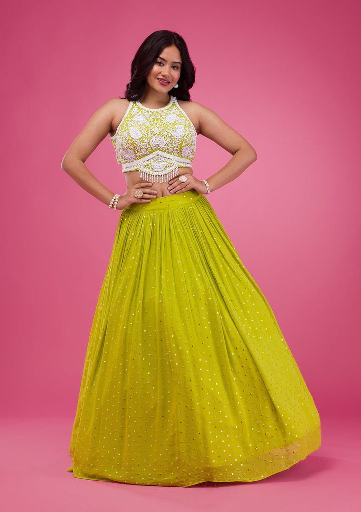 Parrot Green Pearlwork Georgette Readymade Lehenga-Koskii