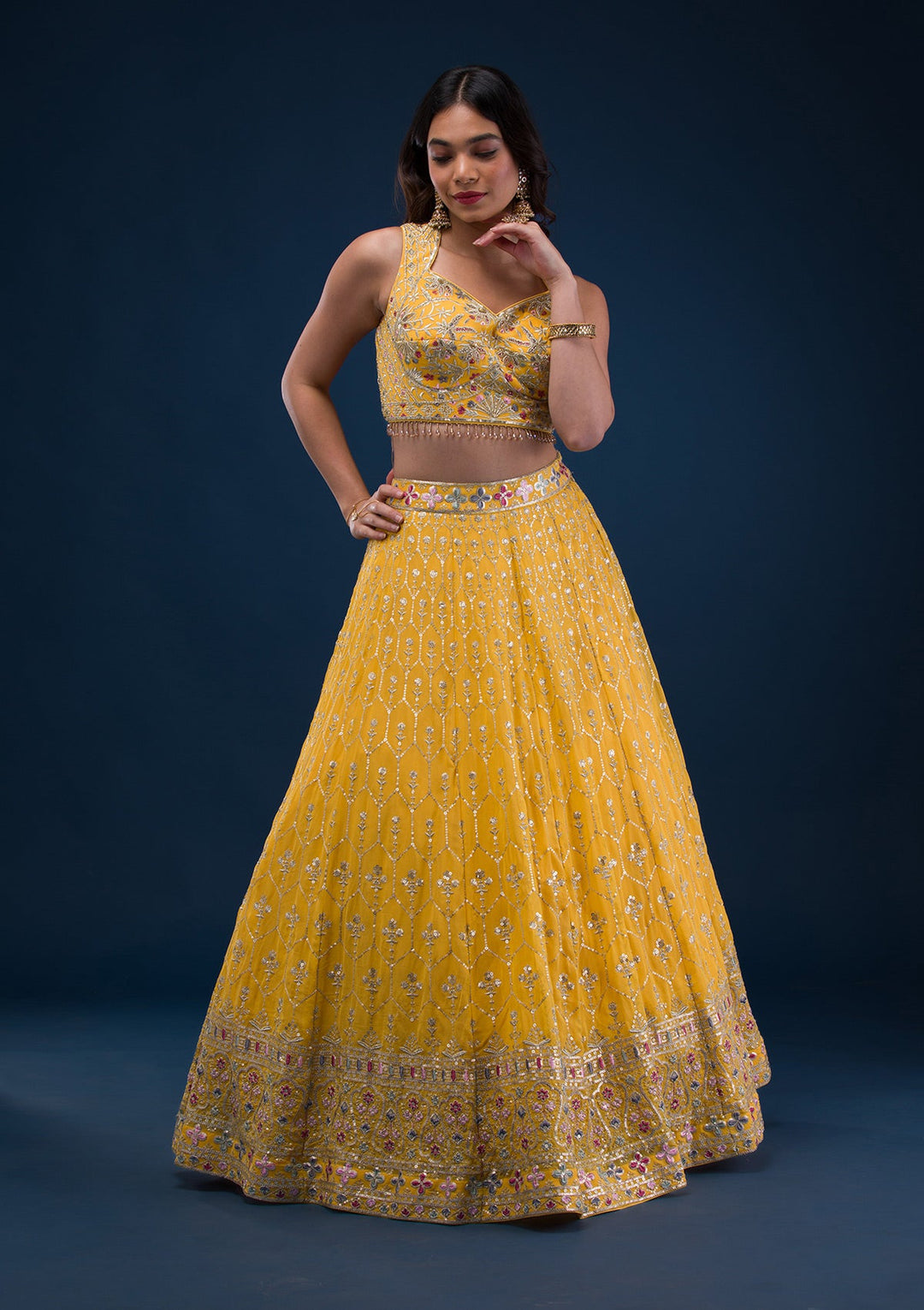 Yellow Zariwork Georgette Readymade Lehenga-Koskii