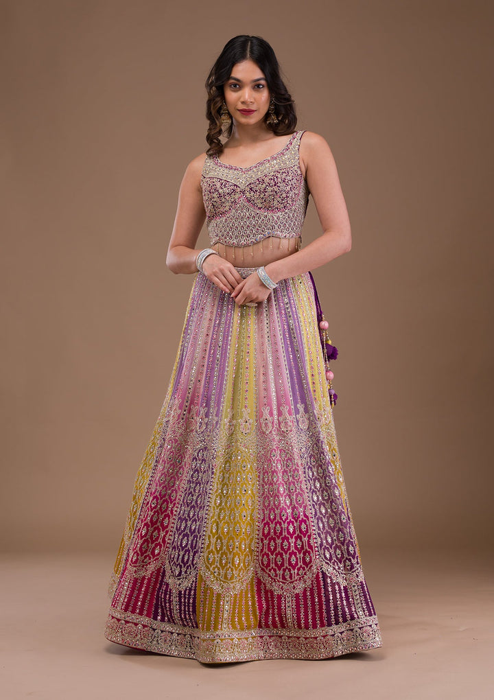 Lavender Mirrorwork Georgette Readymade Lehenga-Koskii