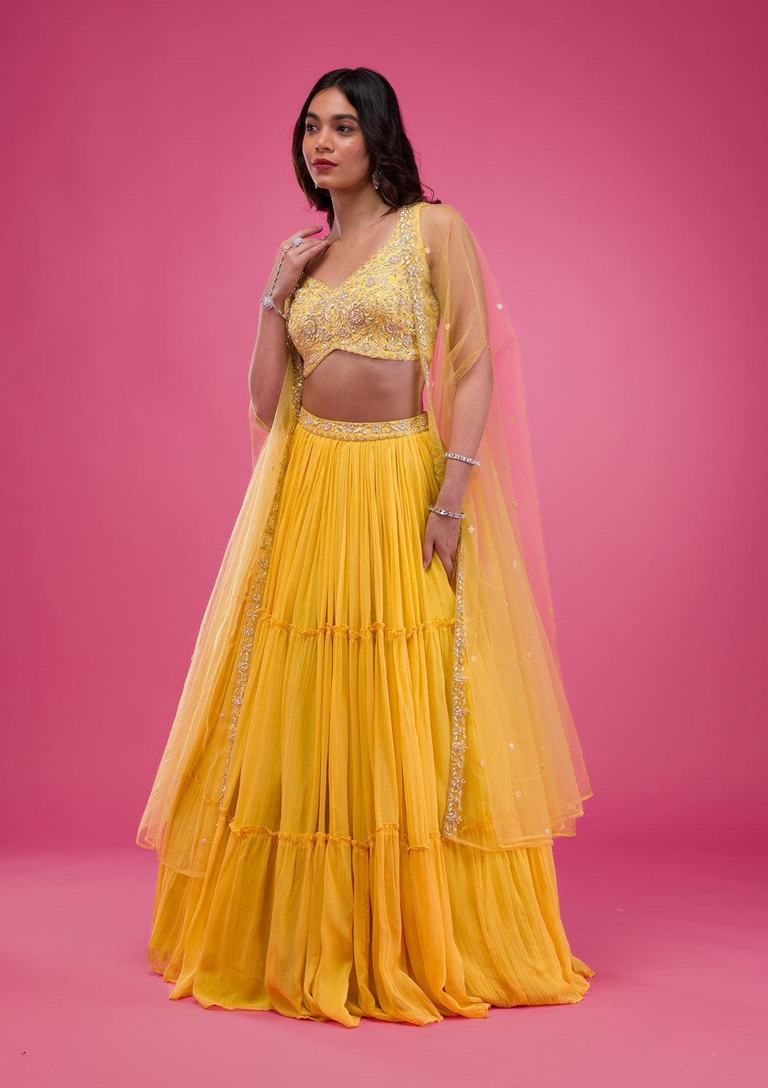 Yellow Zardosi Georgette Readymade Lehenga-Koskii