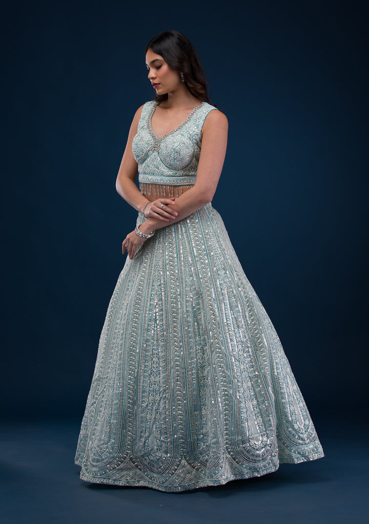 Sea Green Cutdana Net Readymade Lehenga