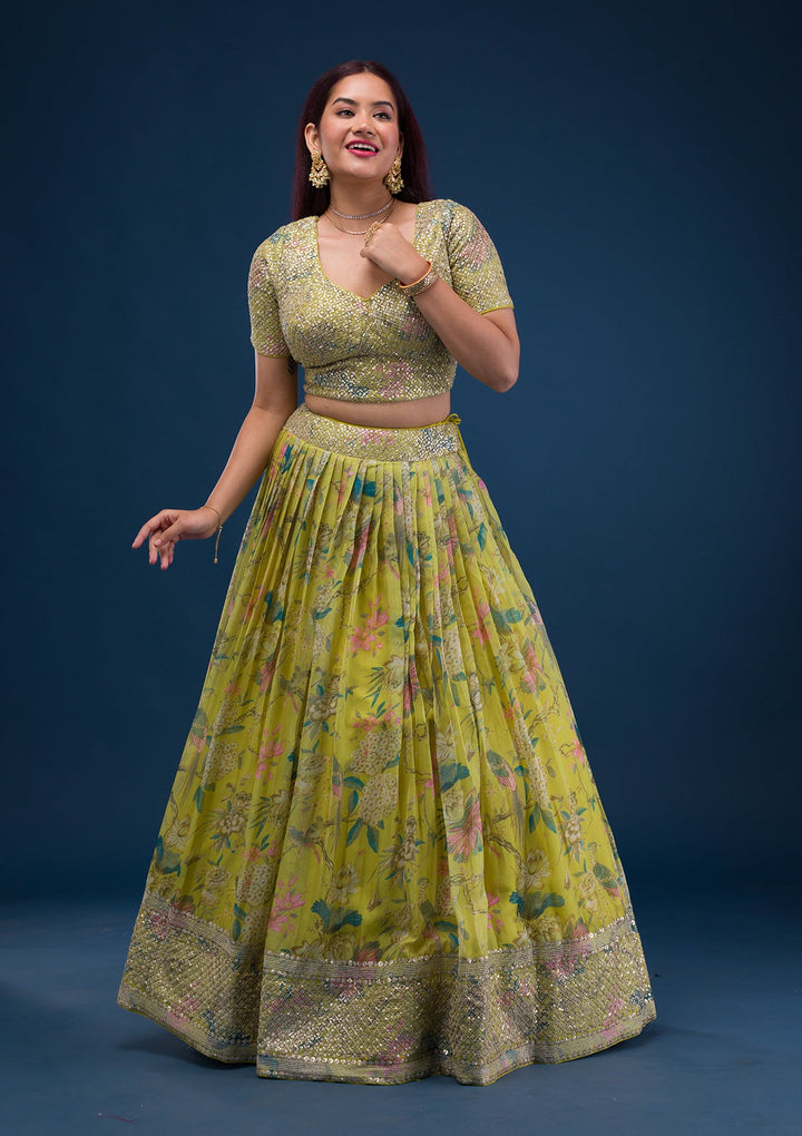 Parrot Green Print Semi Crepe Readymade Lehenga-Koskii
