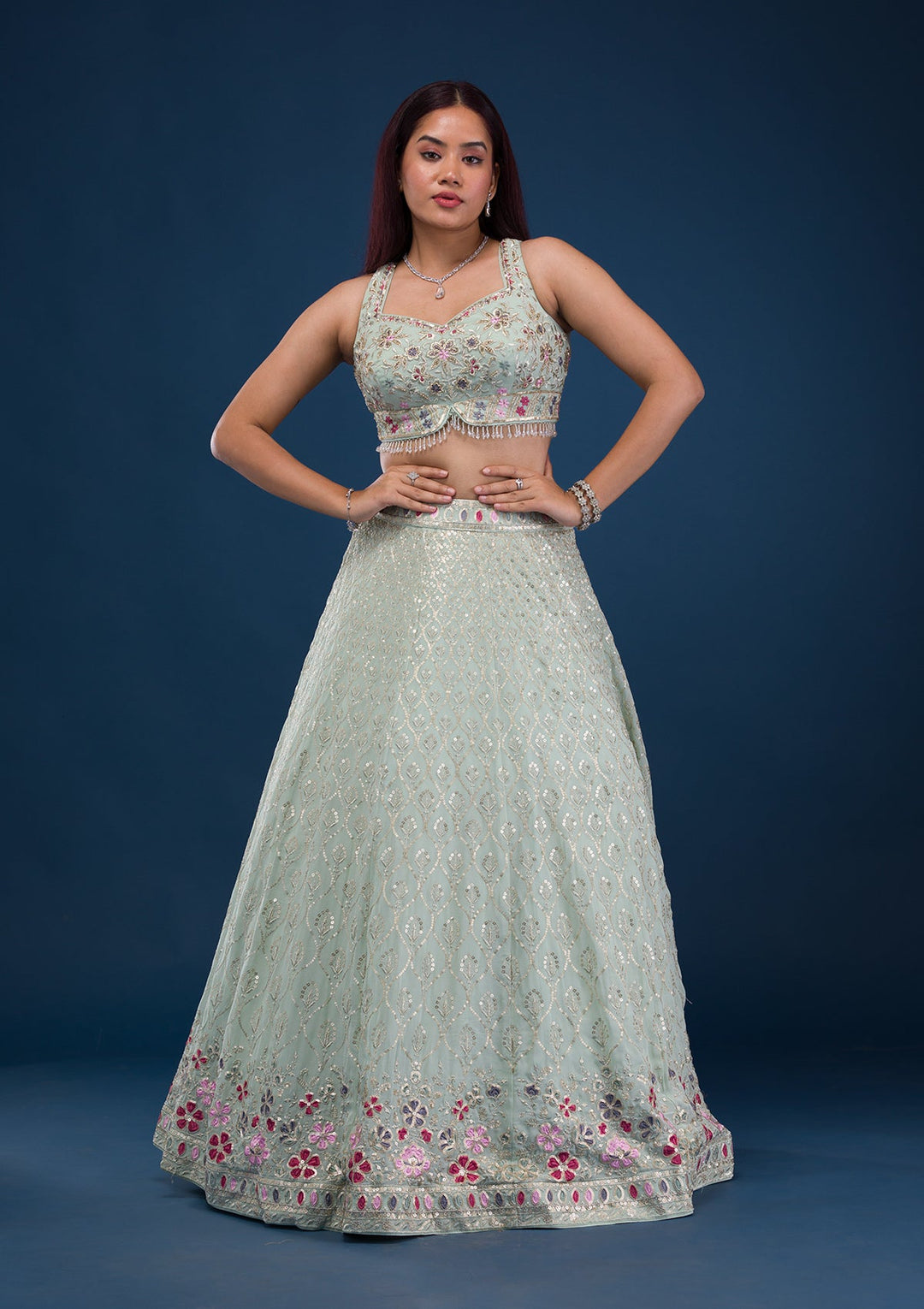 Sea Green Zariwork Georgette Readymade Lehenga-Koskii