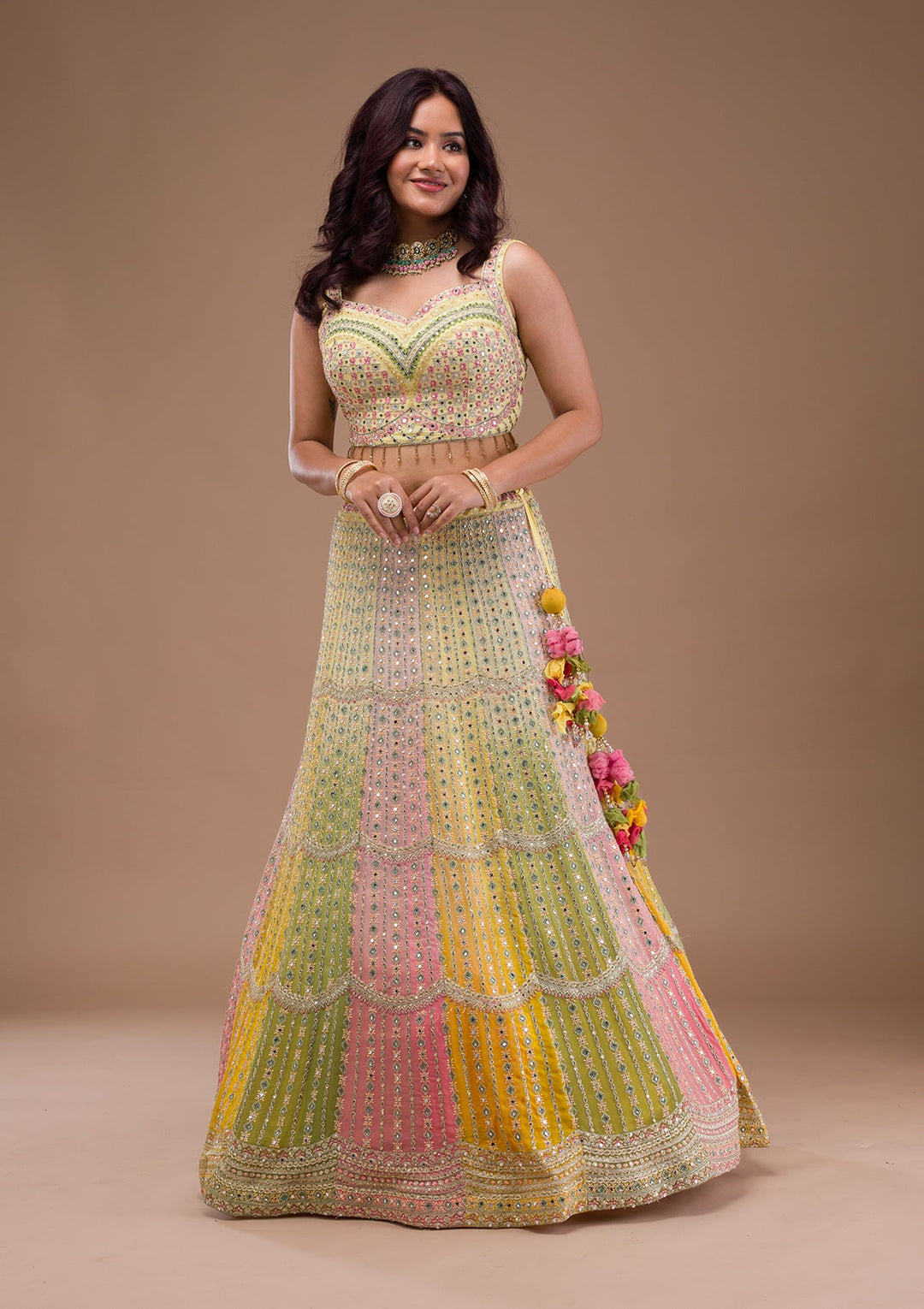 Yellow Mirrorwork Georgette Readymade Lehenga-Koskii