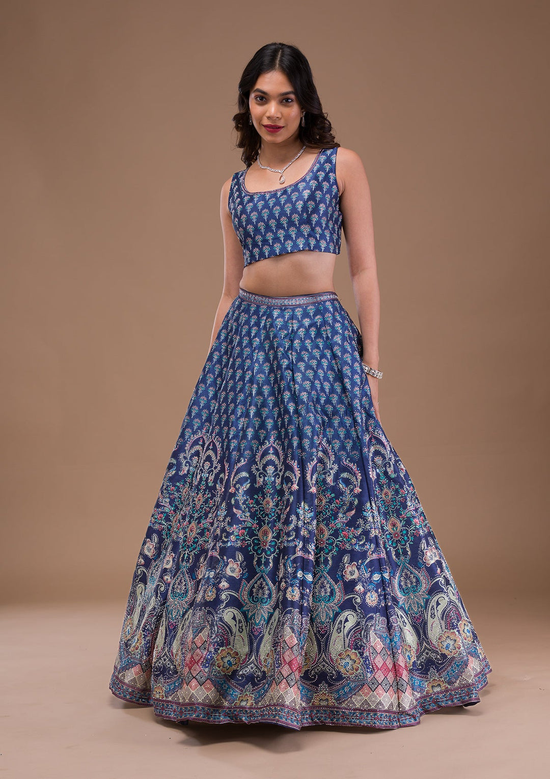 Navy Blue Swaroski Banarasi Readymade Lehenga-Koskii