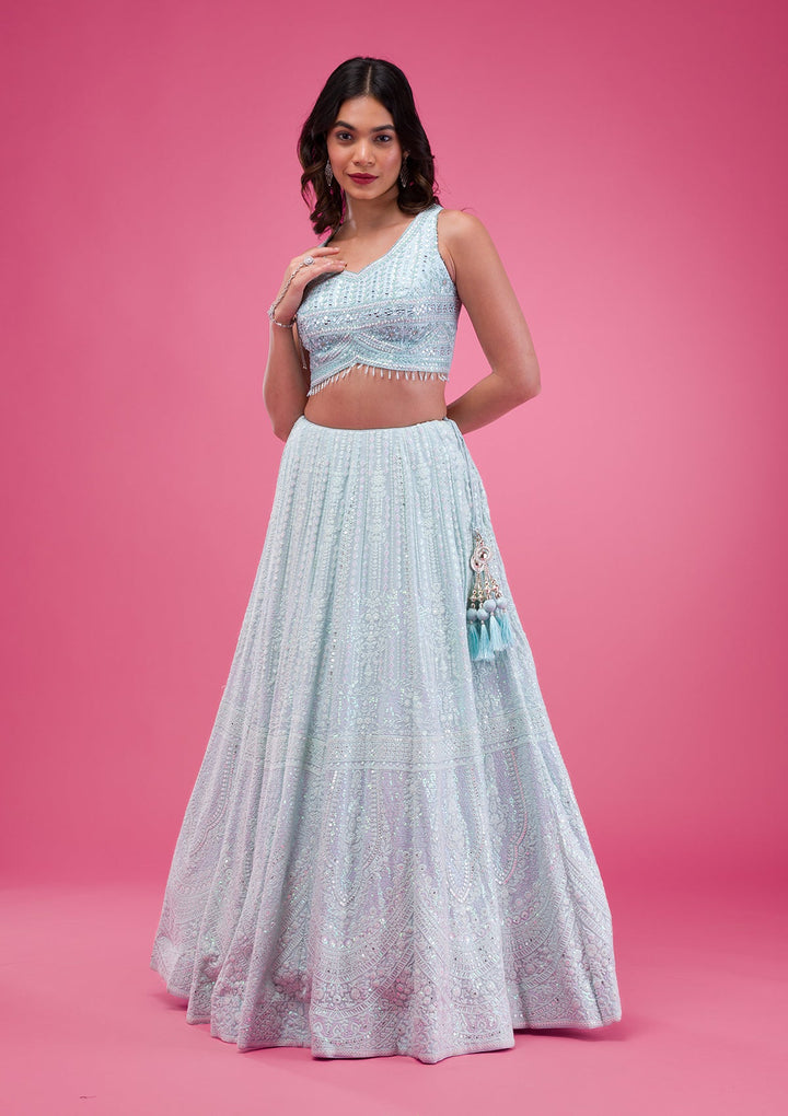 Sky Blue Threadwork Georgette Readymade Lehenga-Koskii