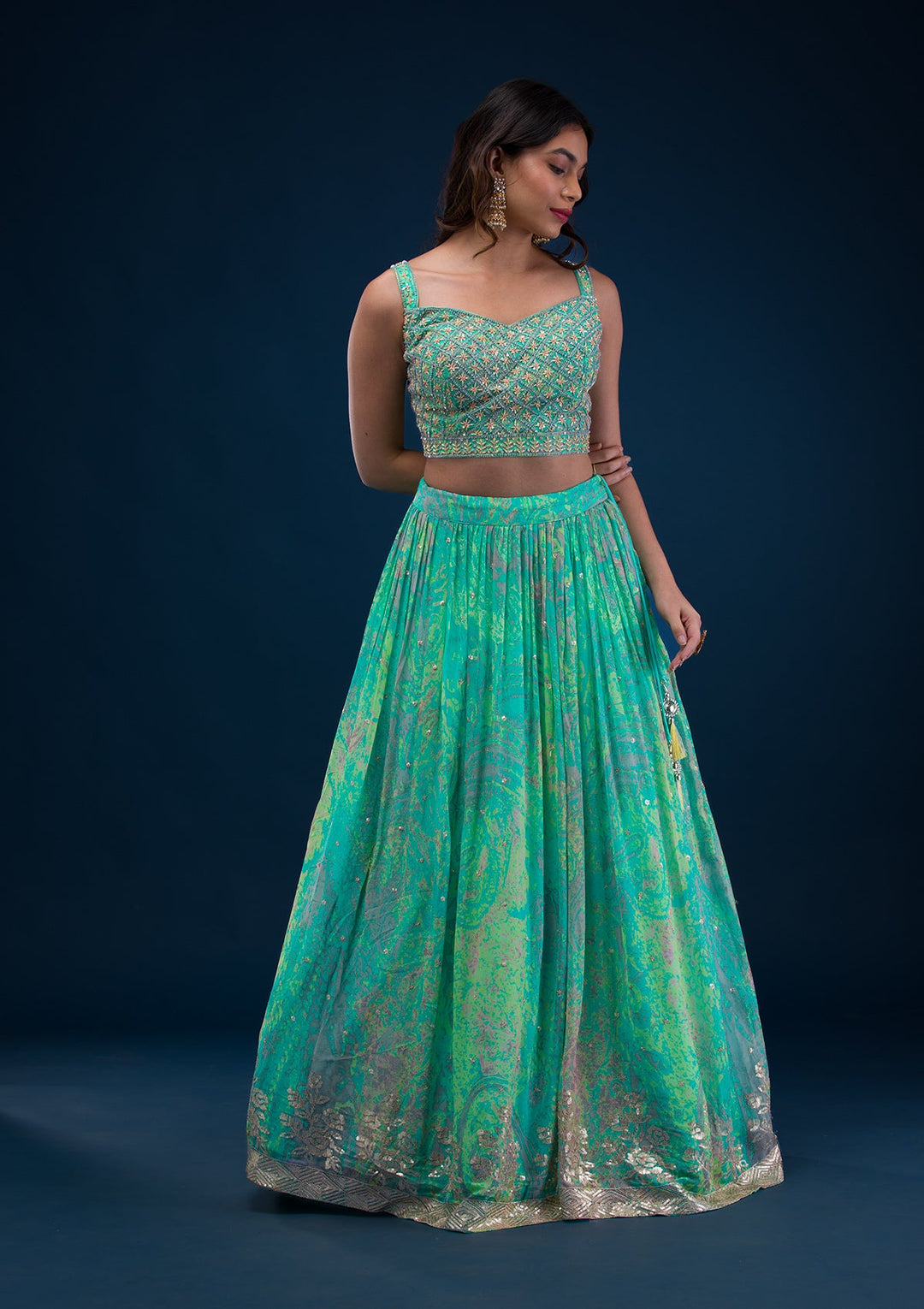 Sea Green Print Georgette Readymade Lehenga-Koskii