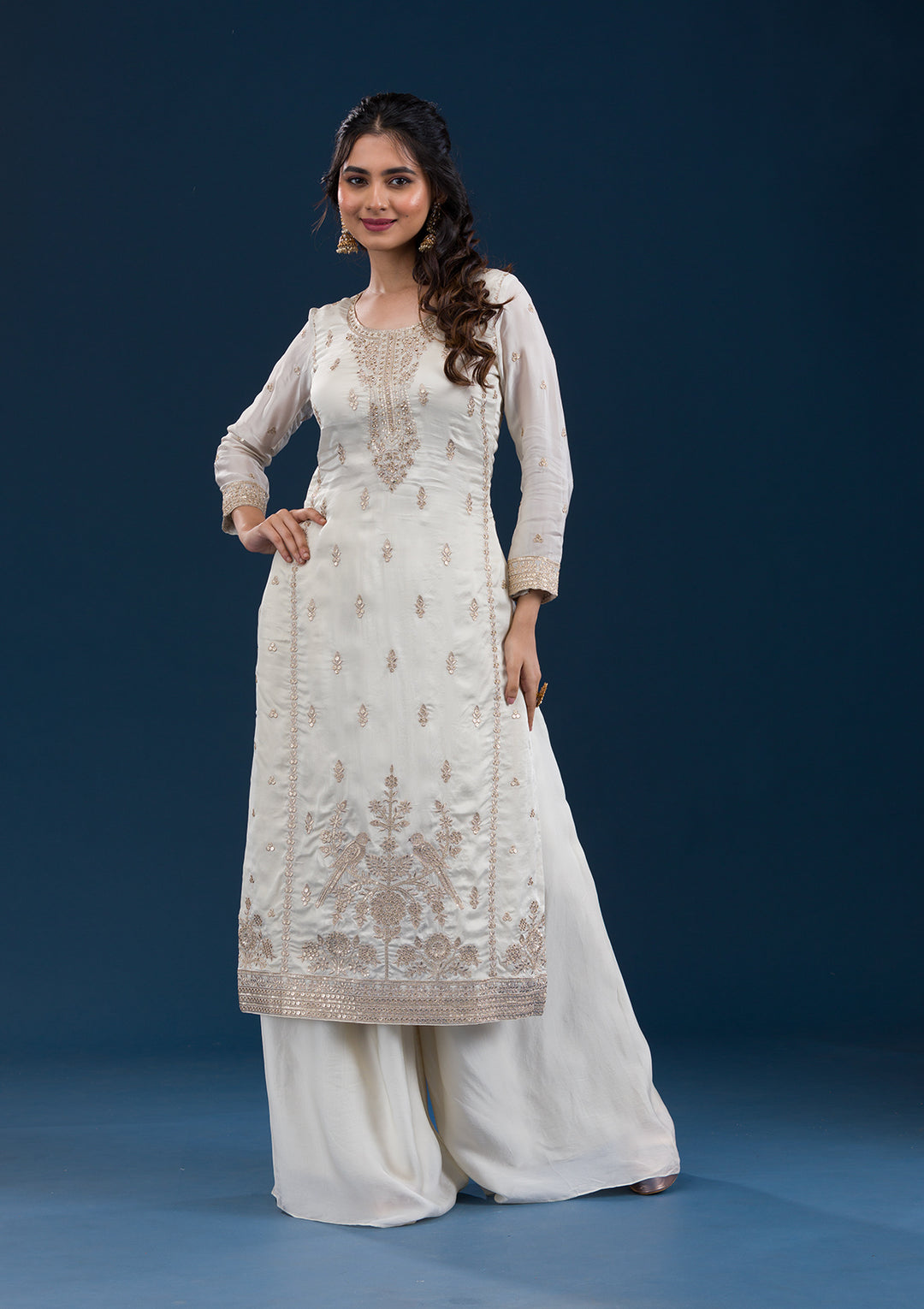 Off White Zariwork Semi Crepe Readymade Salwar Suit